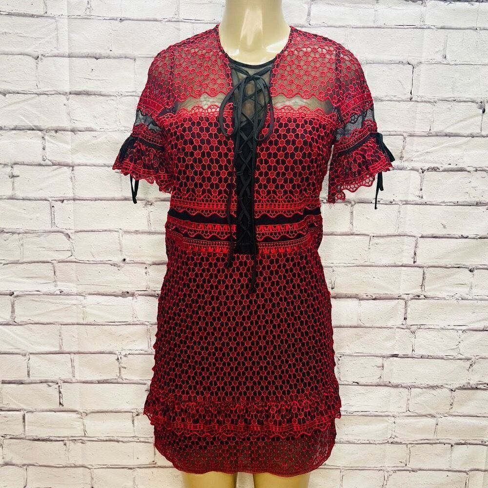 Parker Emilia Womens Red and Black Layered Ruffle Lace Sheath Dress Size Small